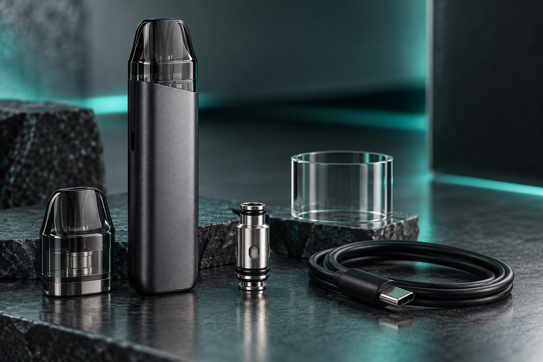 Unbranded pod device, pod, coil, glass and USB-C cable for an adult accessories guide