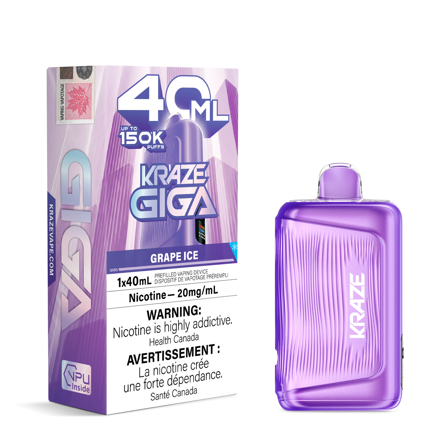 Kraze Giga 150k - Grape Ice 40mL disposable vape product image at AllStar Vape Canada