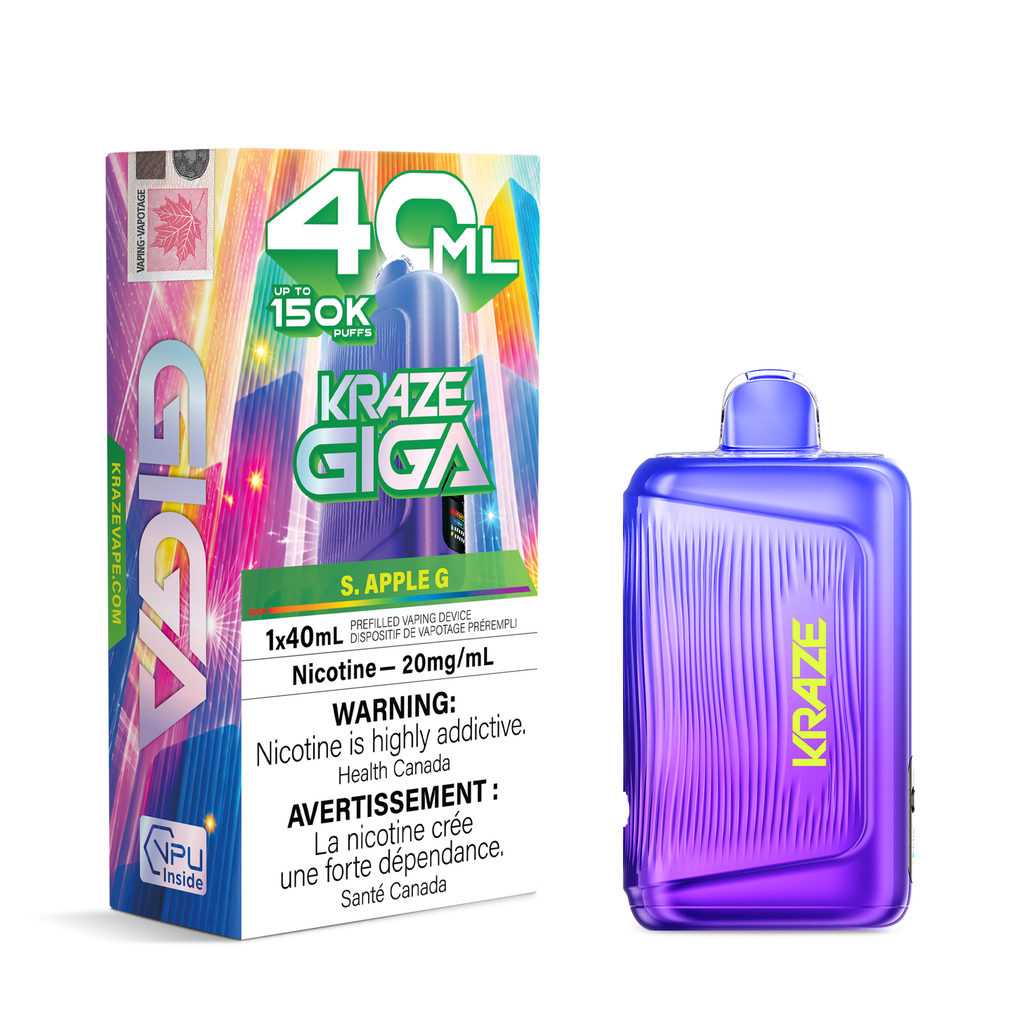Kraze Giga 150k - S Apple G 40mL disposable vape product image at AllStar Vape Canada