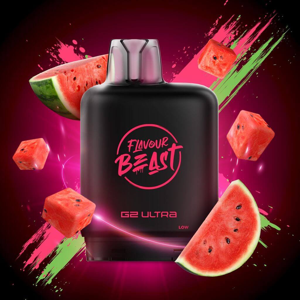 Level X Flavour Beast G2 Ultra Watermelon G closed pod in Canada with product packaging and device view.
