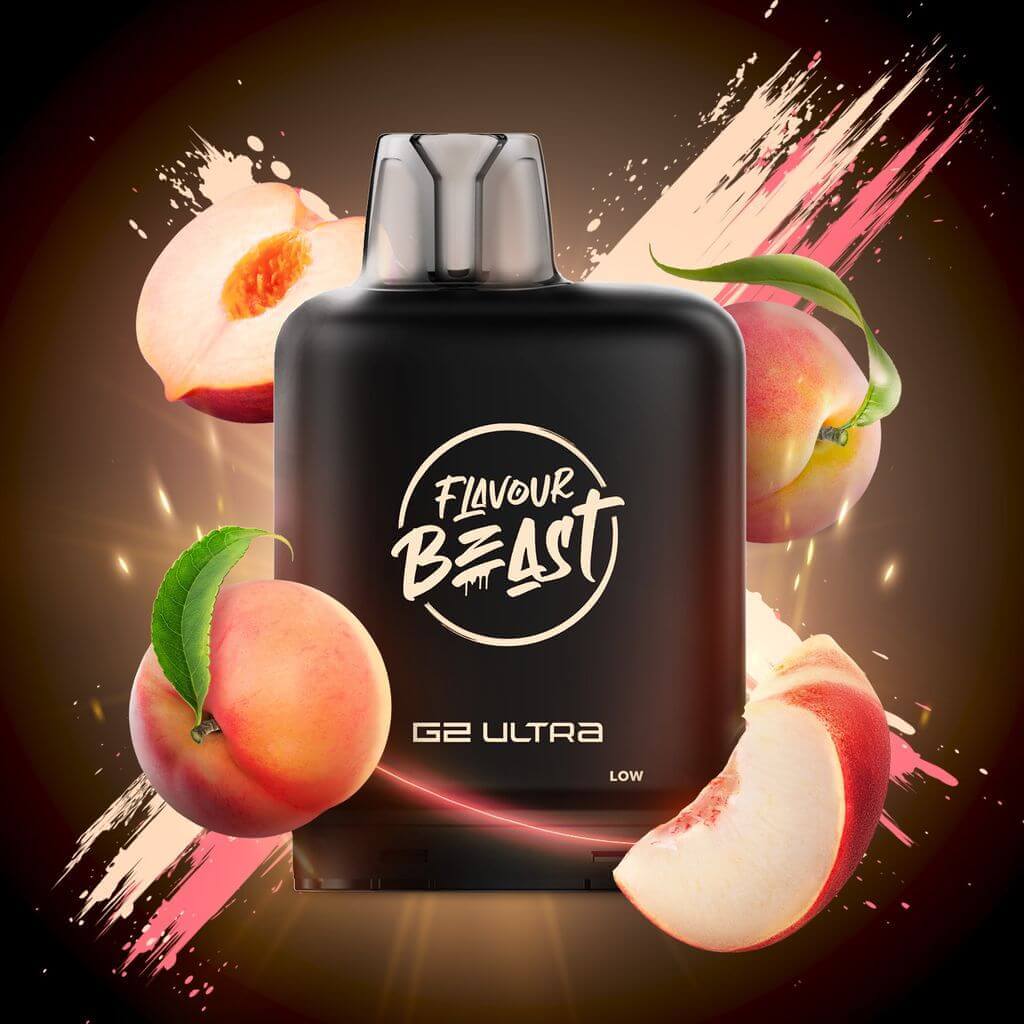 Level X Flavour Beast G2 Ultra Wicked White Peach closed pod in Canada with product packaging and device view.