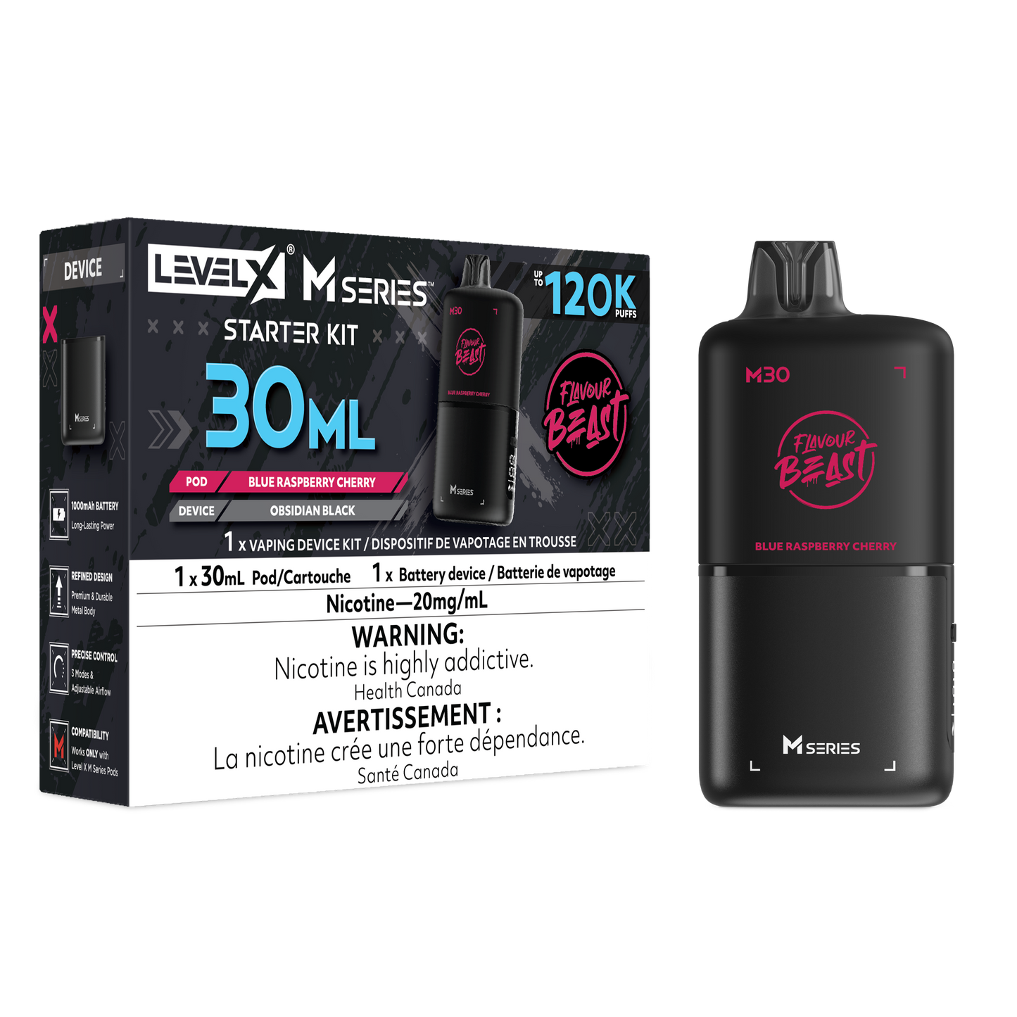 Level X Flavour Beast M Series Starter Kit - Blue Raspberry Cherry 30mL closed pod product image at AllStar Vape Canada