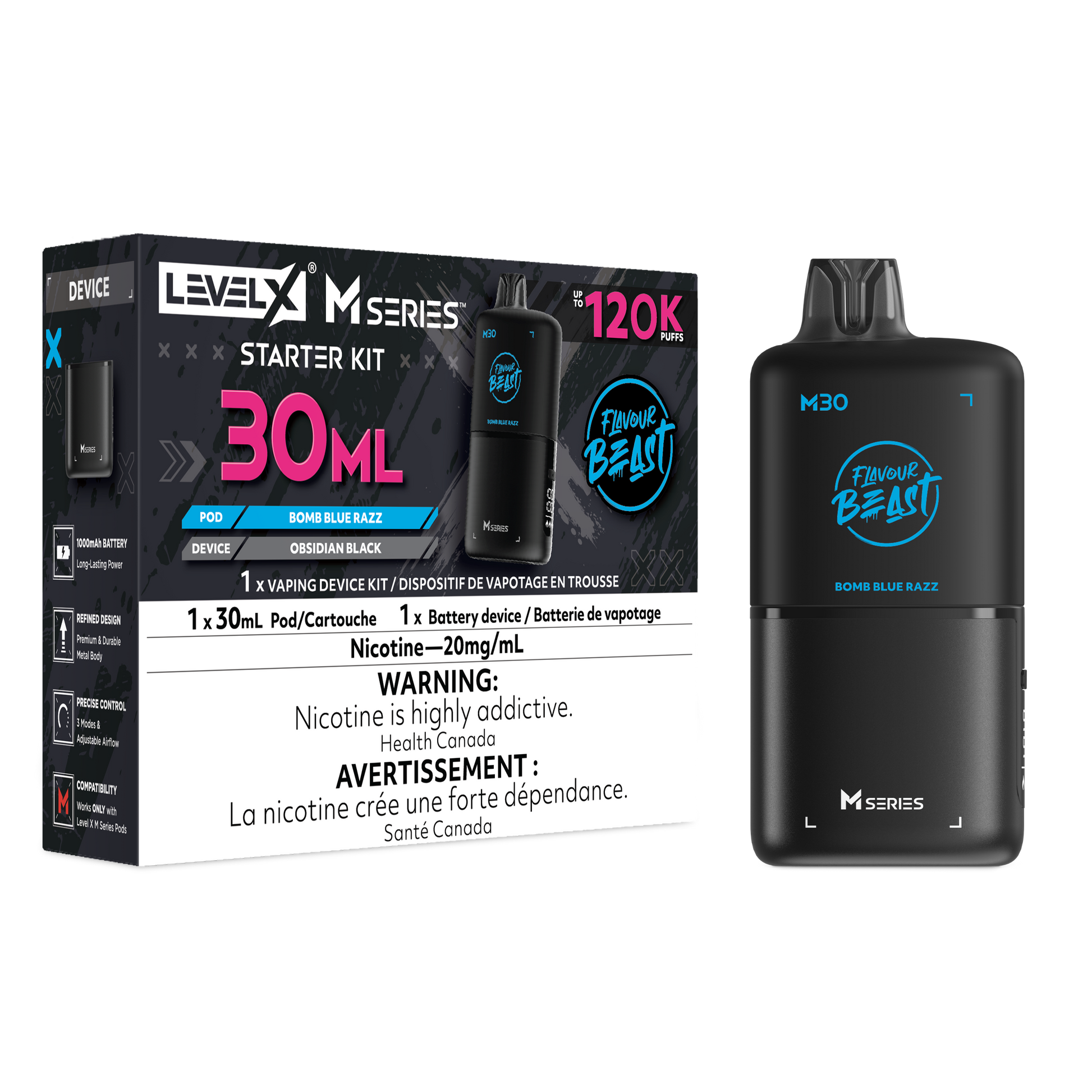 Level X Flavour Beast M Series Starter Kit - Bomb Blue Razz 30mL closed pod product image at AllStar Vape Canada
