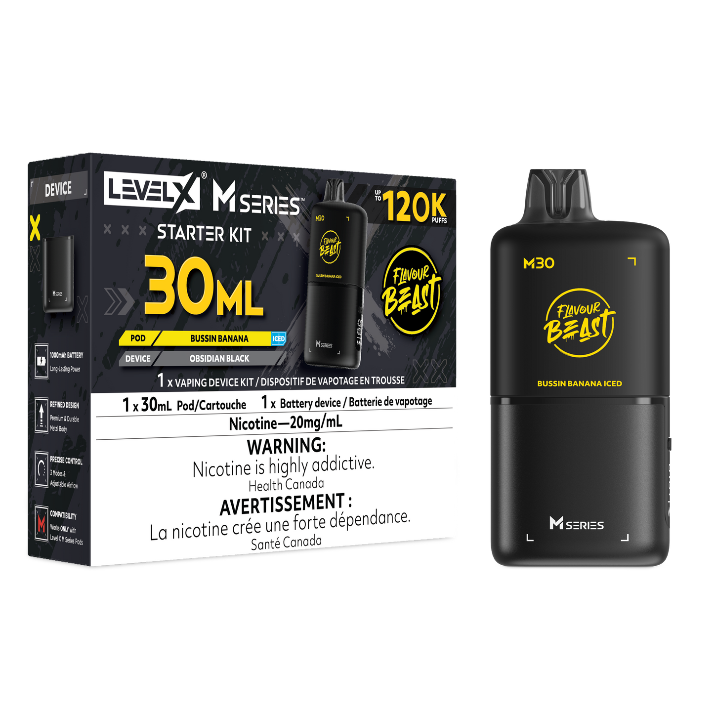 Level X Flavour Beast M Series Starter Kit - Bussin' Banana Iced 30mL closed pod product image at AllStar Vape Canada