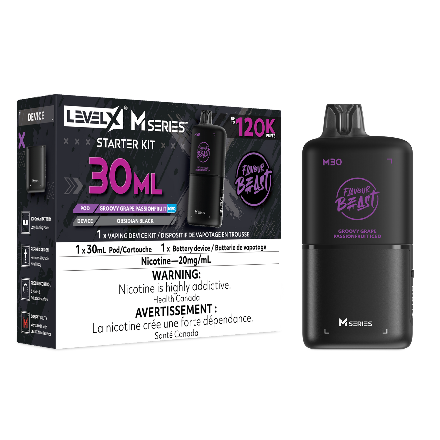 Level X Flavour Beast M Series Starter Kit - Groovy Grape Passionfruit Iced 30mL closed pod product image at AllStar Vape Canada