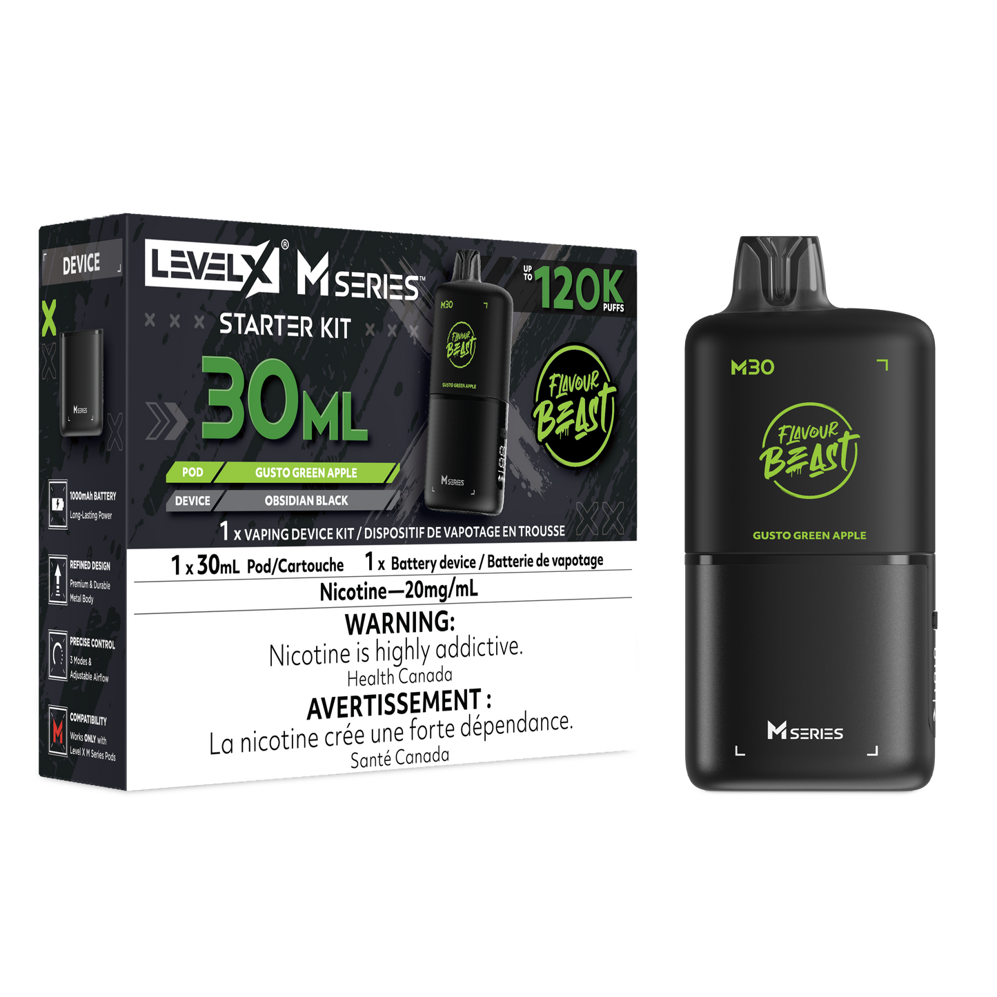 Level X Flavour Beast M Series Starter Kit - Gusto Green Apple 30mL closed pod product image at AllStar Vape Canada