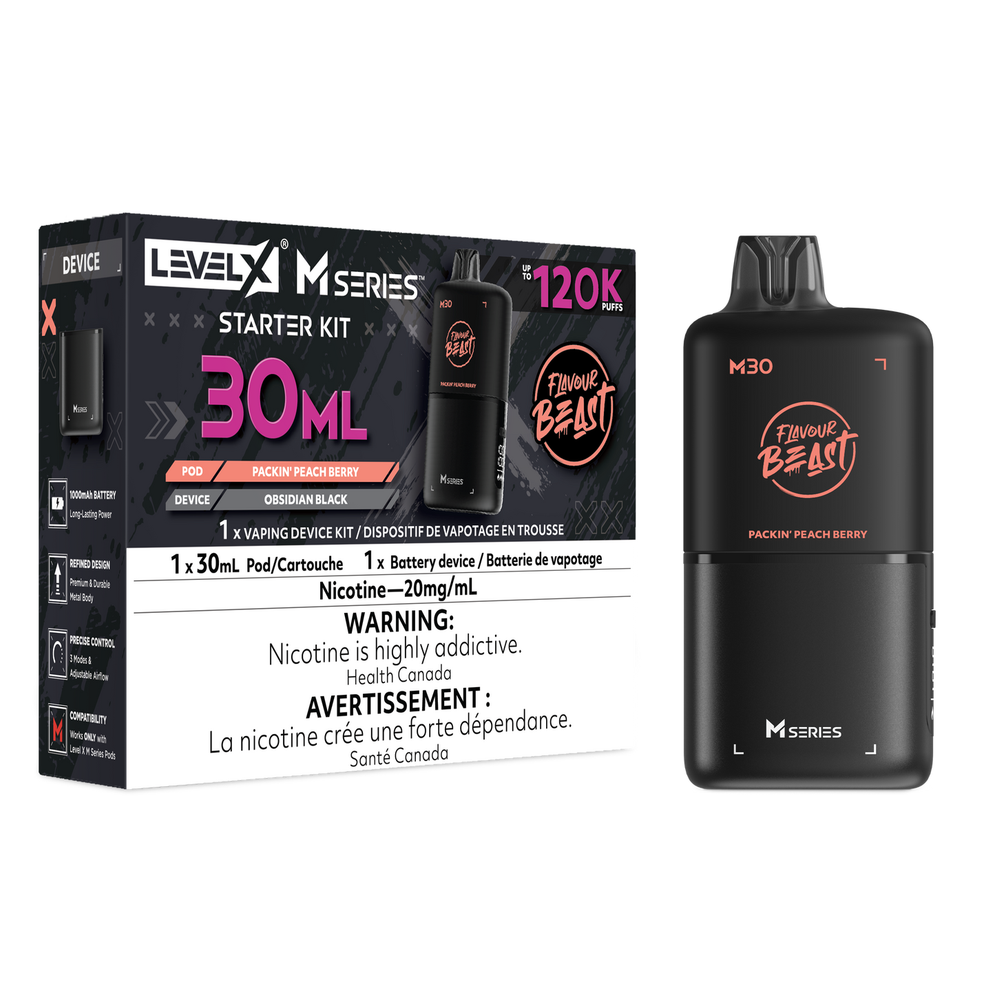 Level X Flavour Beast M Series Starter Kit - Packin' Peach Berry 30mL closed pod product image at AllStar Vape Canada
