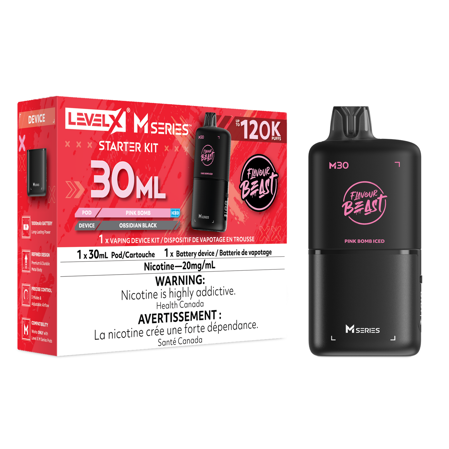 Level X Flavour Beast M Series Starter Kit - Pink Bomb Iced 30mL closed pod product image at AllStar Vape Canada