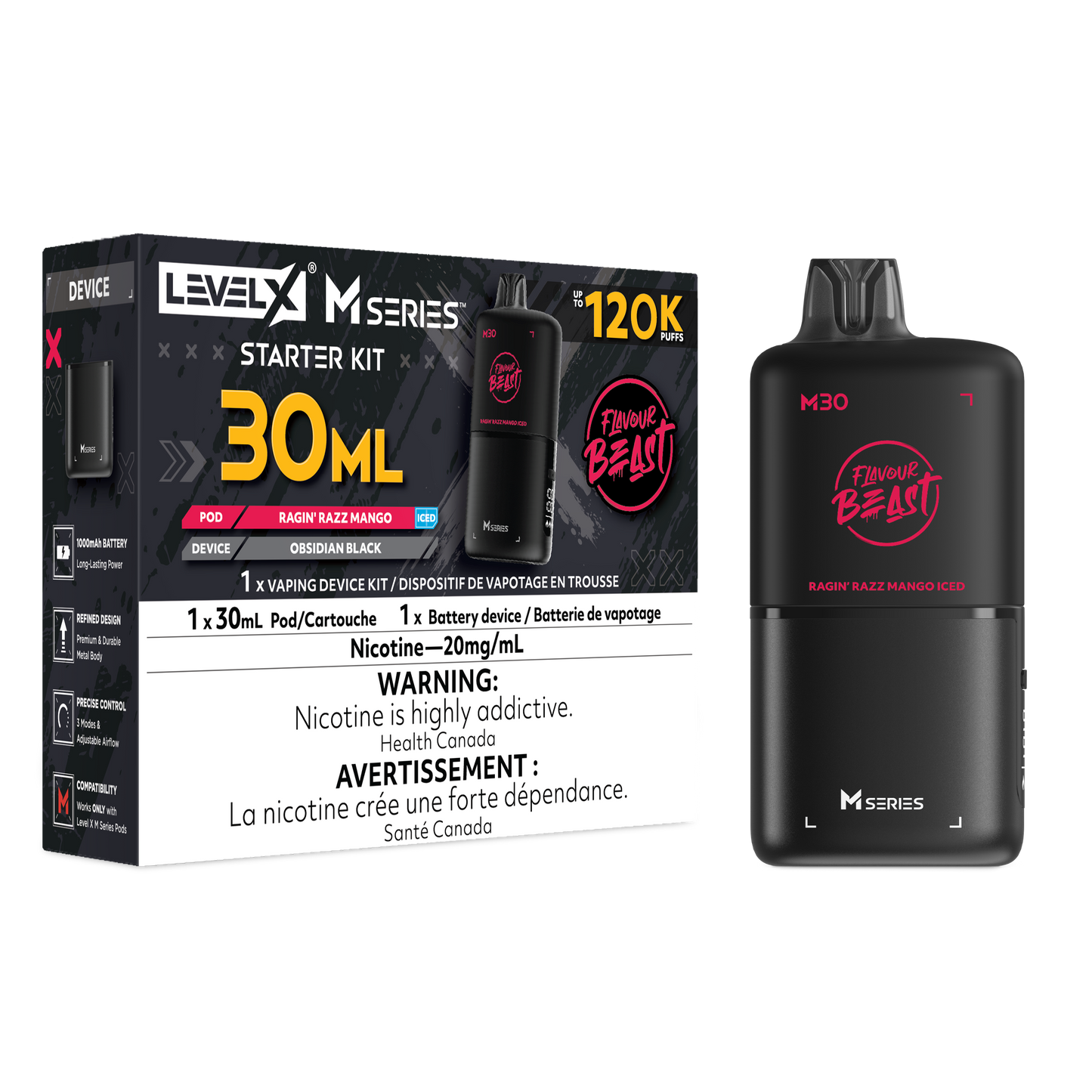 Level X Flavour Beast M Series Starter Kit - Ragin' Razz Mango Iced 30mL closed pod product image at AllStar Vape Canada