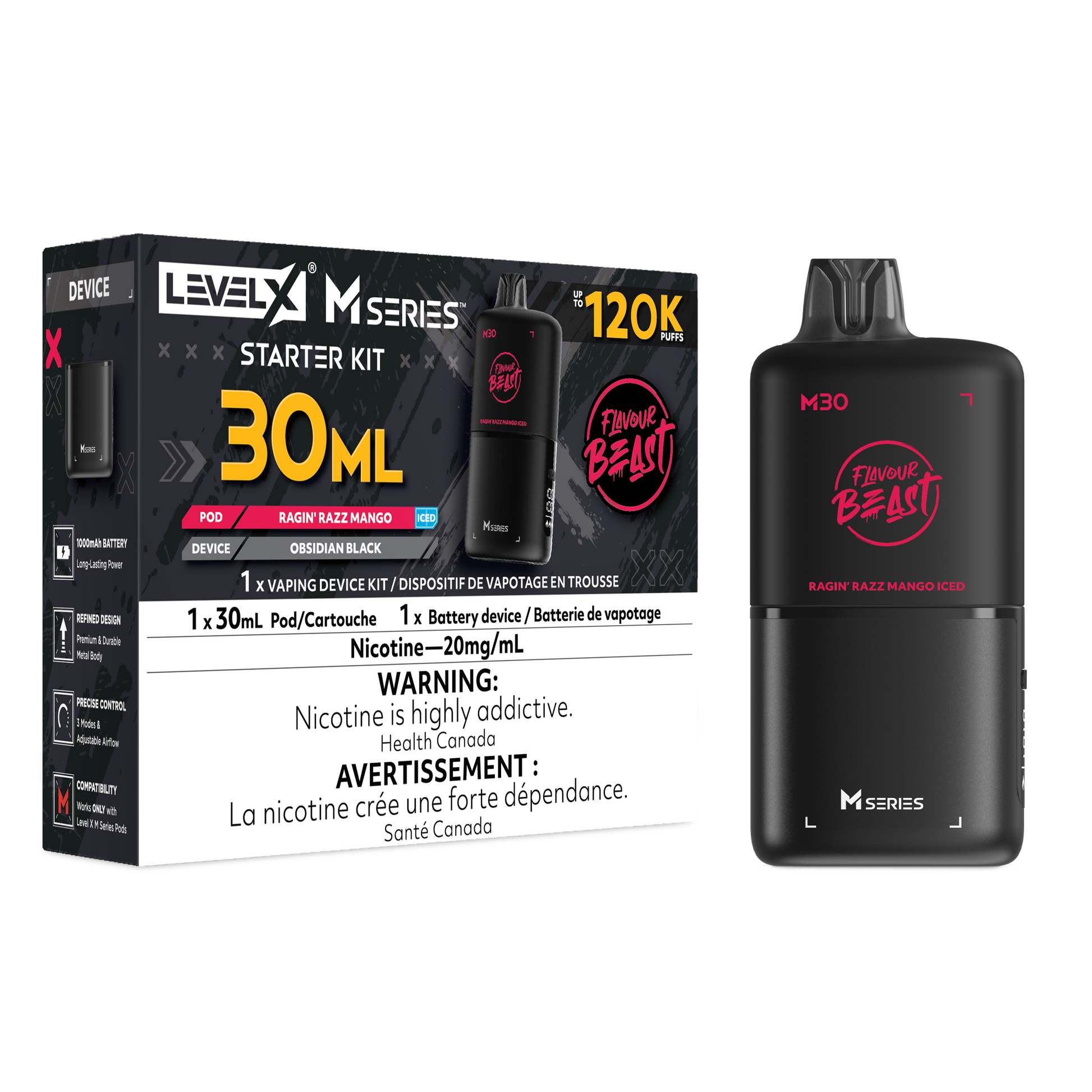 Level X Flavour Beast M Series Starter Kit - Ragin' Razz Mango Iced 30mL closed pod product image at AllStar Vape Canada