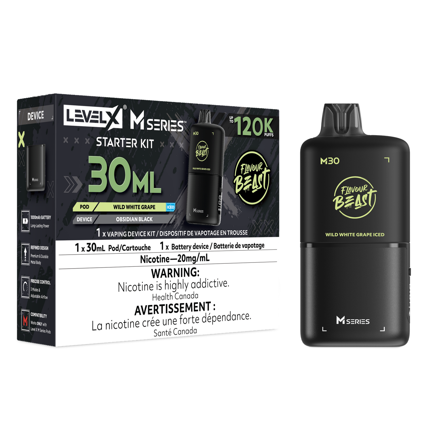 Level X Flavour Beast M Series Starter Kit - Wild White Grape Iced 30mL closed pod product image at AllStar Vape Canada