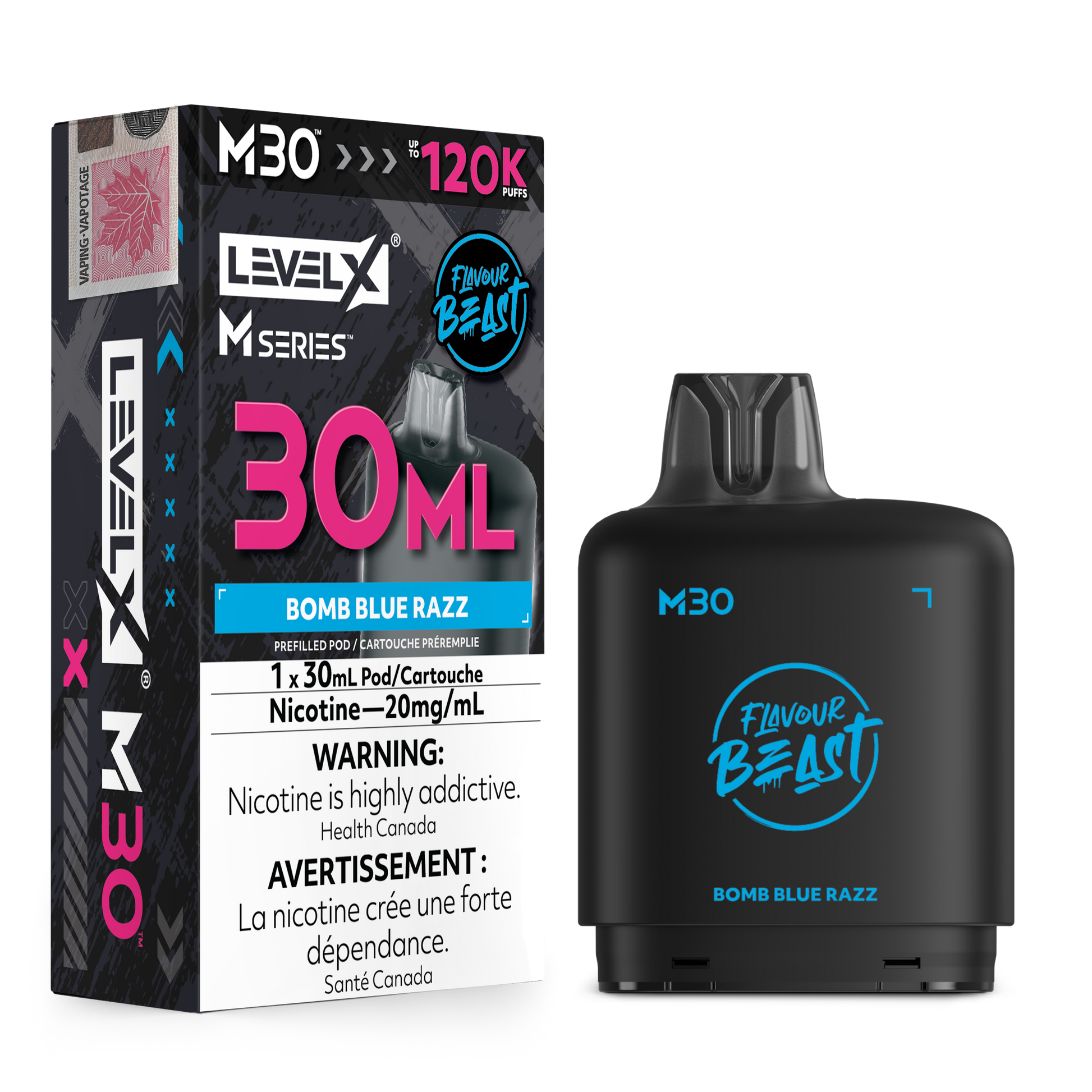 Level X Flavour Beast M30 Series - Bomb Blue Razz 30mL closed pod product image at AllStar Vape Canada