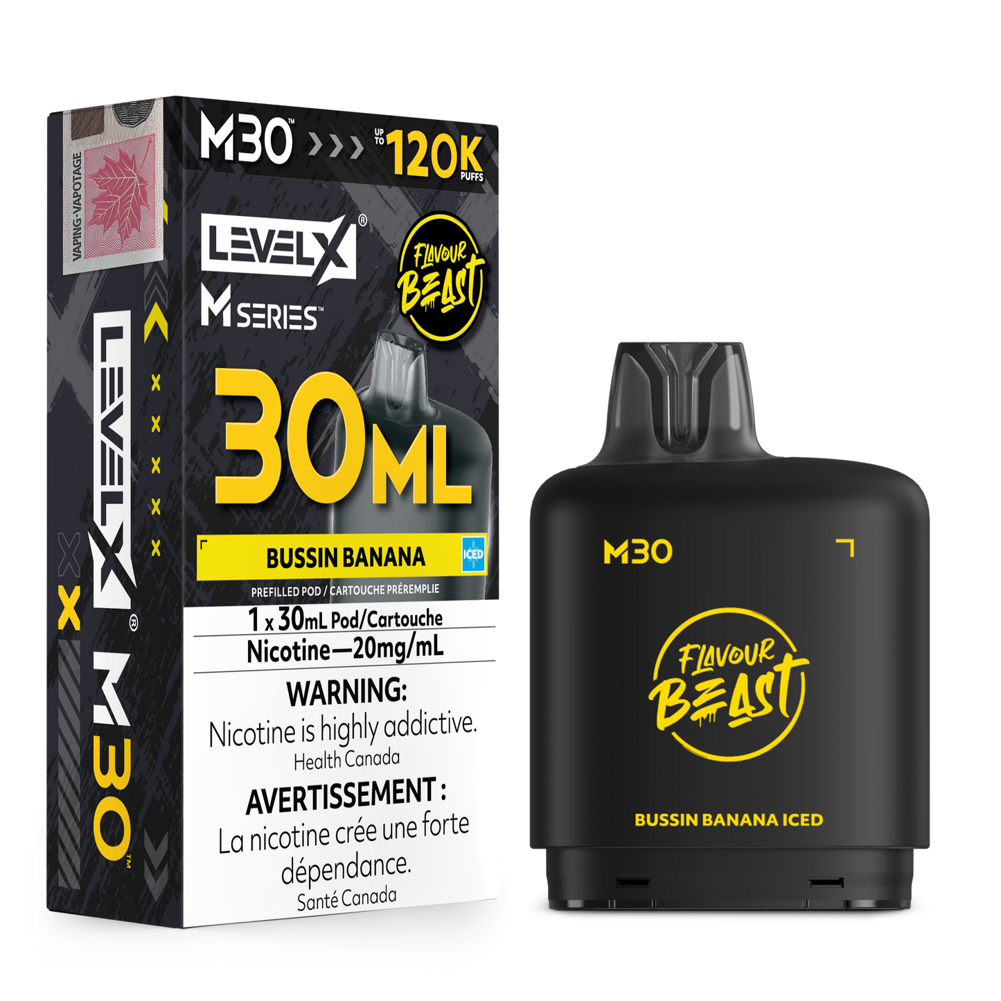 Level X Flavour Beast M30 Series - Bussin' Banana Iced 30mL closed pod product image at AllStar Vape Canada