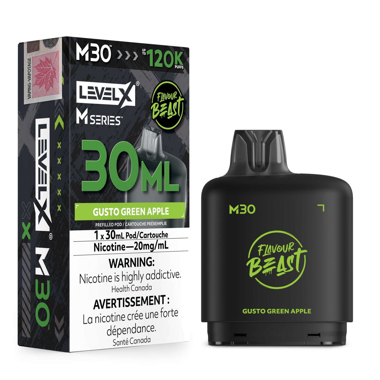Level X Flavour Beast M30 Series - Gusto Green Apple 30mL closed pod product image at AllStar Vape Canada