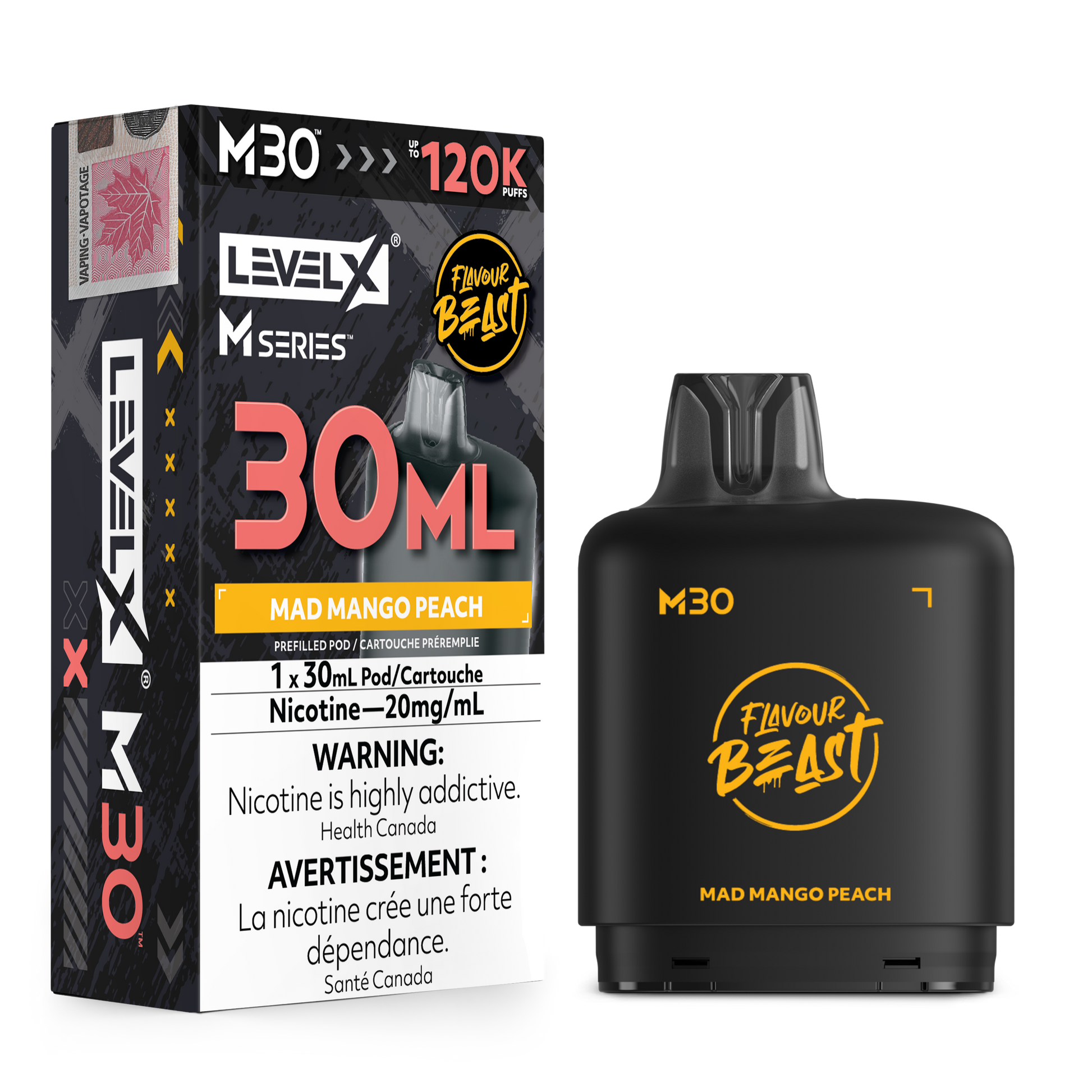 Level X Flavour Beast M30 Series - Mad Mango Peach 30mL closed pod product image at AllStar Vape Canada