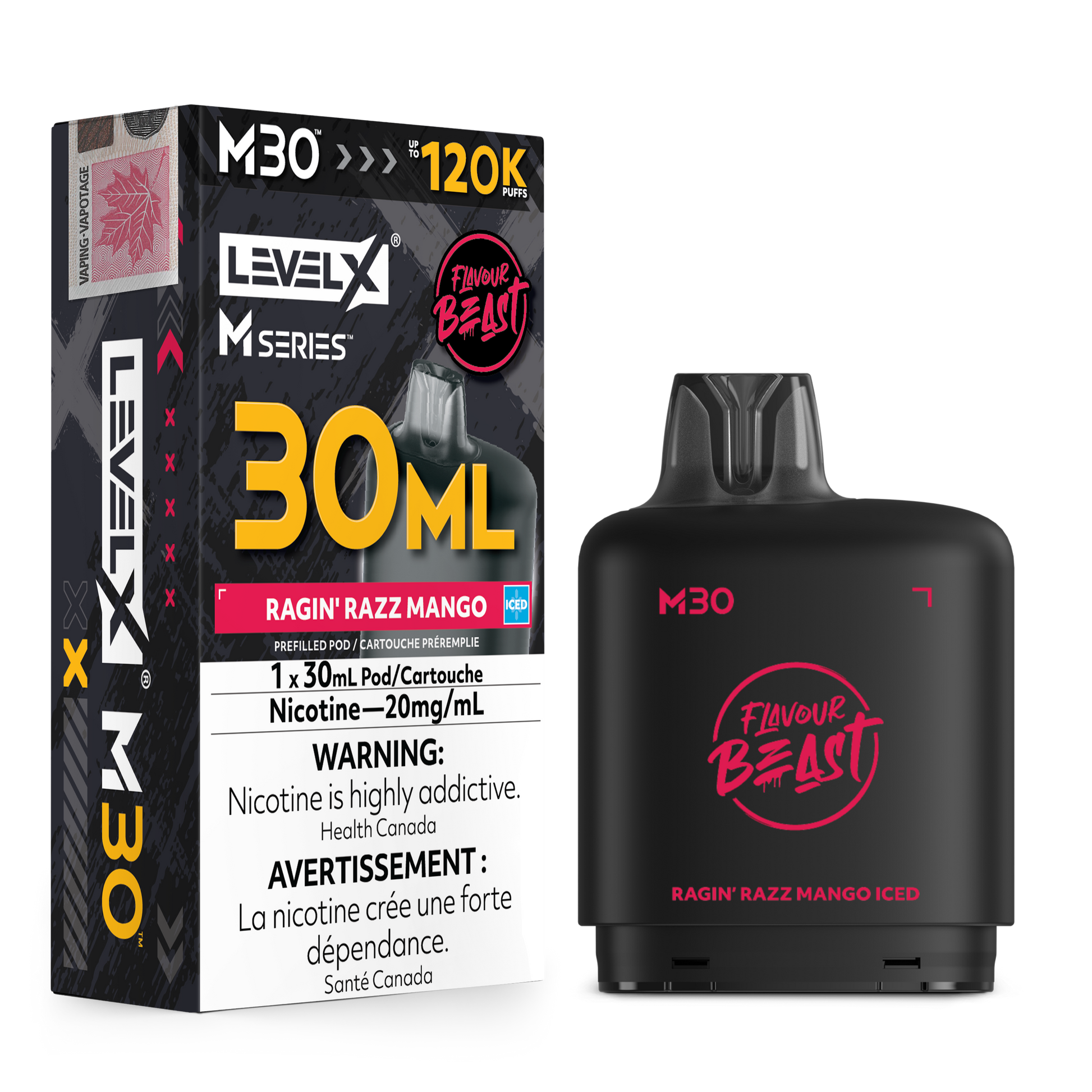 Level X Flavour Beast M30 Series - Ragin' Razz Mango Iced 30mL closed pod product image at AllStar Vape Canada