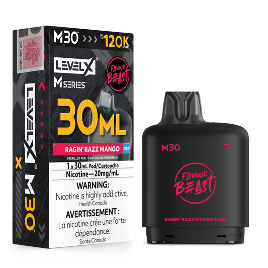 Level X Flavour Beast M30 Series - Ragin' Razz Mango Iced 30mL closed pod product image at AllStar Vape Canada