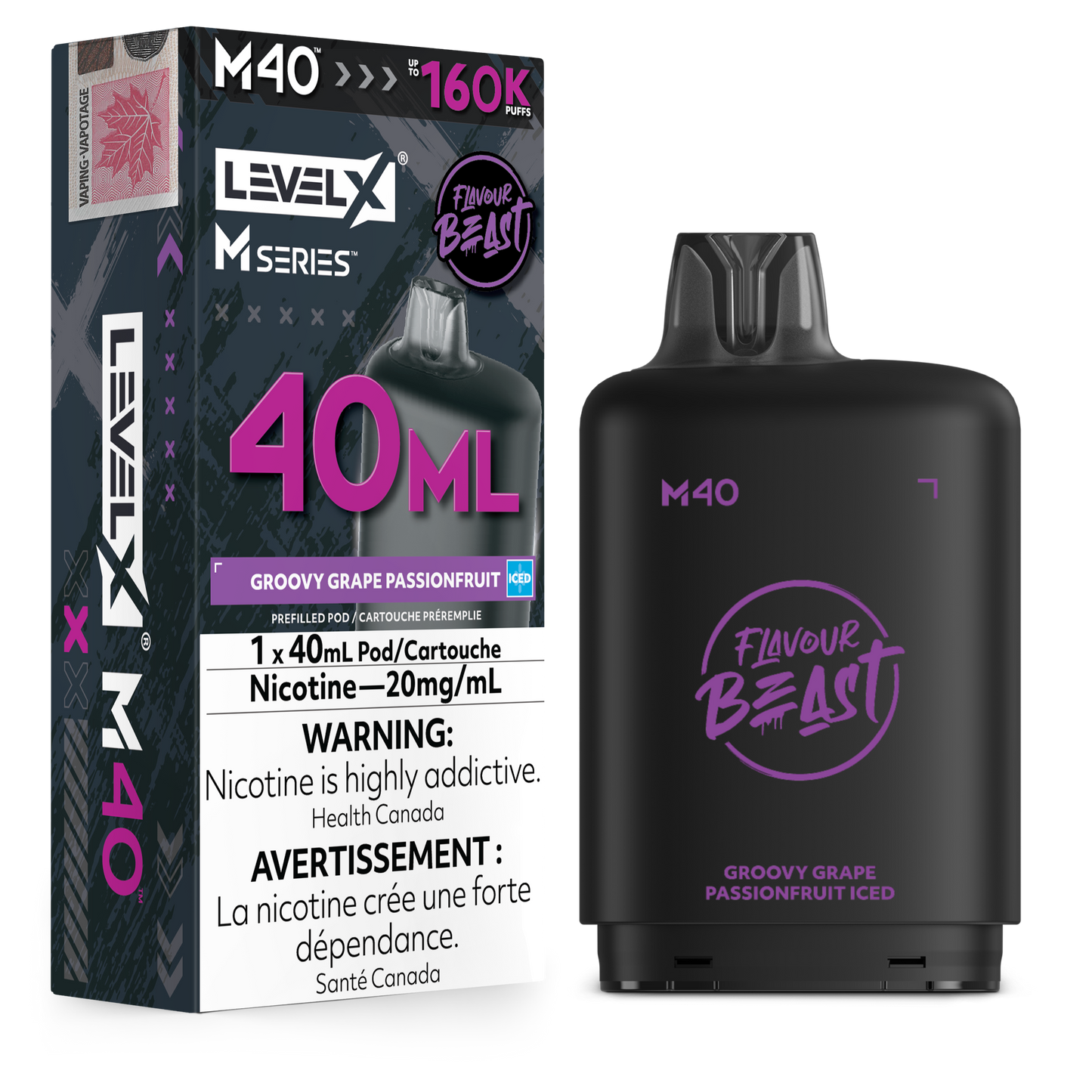 Level X Flavour Beast M40 Series - Groovy Grape Passionfruit Iced 40mL closed pod product image at AllStar Vape Canada