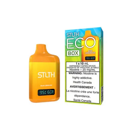 STLTH ECO BOX - Blue Lemon Ice disposable vape showcasing vibrant packaging and sleek device design.