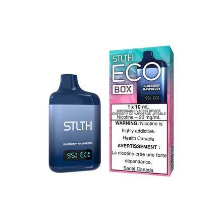 STLTH ECO BOX Blueberry Raspberry disposable vape product with warning label.
