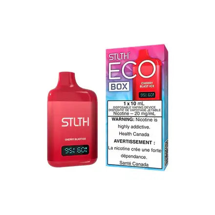 STLTH ECO BOX Cherry Blast Ice disposable vape, featuring 20 mg/ml nicotine for an addictive flavor experience.