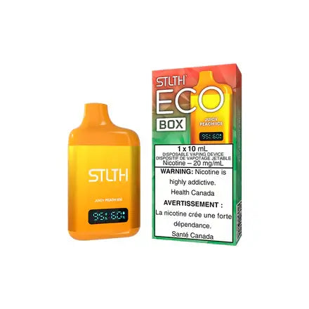 STLTH ECO BOX JUICY PEACH ICE vape disposable device showcasing vibrant design and warning label.