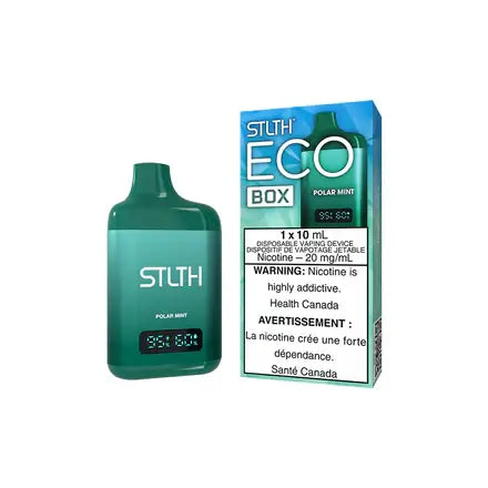 STLTH ECO BOX - POLAR MINT disposable vape device with 10ml e-liquid, offering a minty flavor and 20mg/ml nicotine.