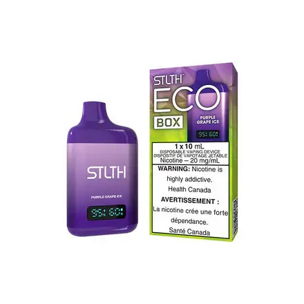 STLTH ECO BOX - Purple Grape Ice disposable vape device with warning label and specifications.