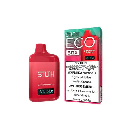 STLTH ECO BOX disposable vape in strawberry kiwi ice flavor, featuring nicotine warning and Health Canada label.