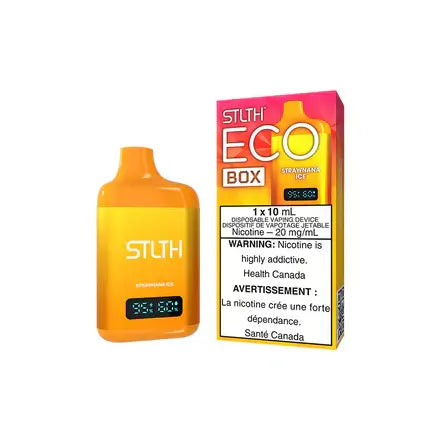 STLTH ECO BOX Strawnana Ice disposable vape device with nicotine warning, featuring bright orange design.