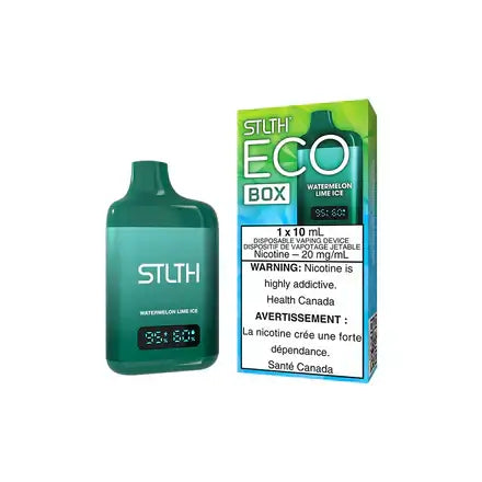 STLTH ECO BOX Watermelon Lime Ice disposable vape device, featuring 10 mL nicotine e-liquid, designed for enjoyable vaping experiences.