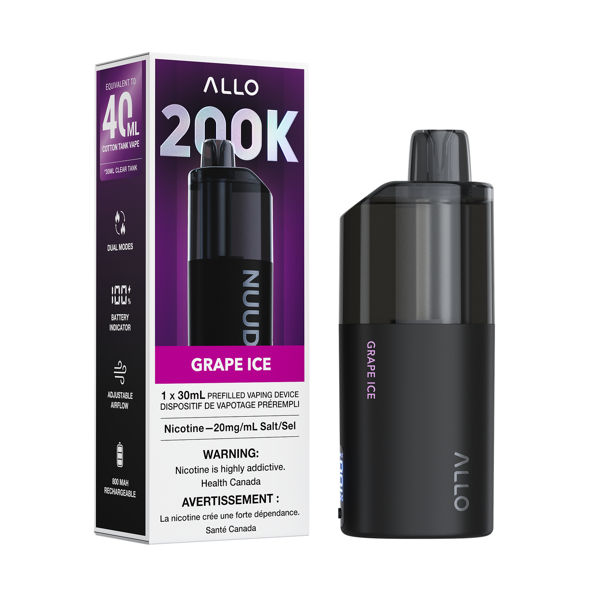 Allo Nuud 200k -  Grape Ice disposable vape retail box and device