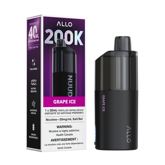 Allo Nuud 200k -  Grape Ice disposable vape retail box and device