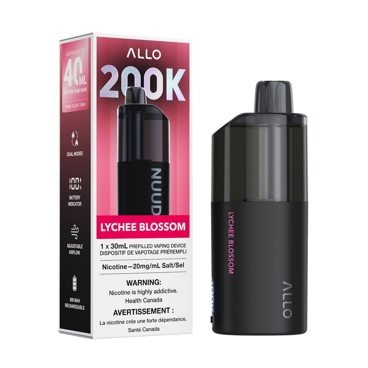 Allo Nuud 200k -  Lychee Blossom disposable vape retail box and device