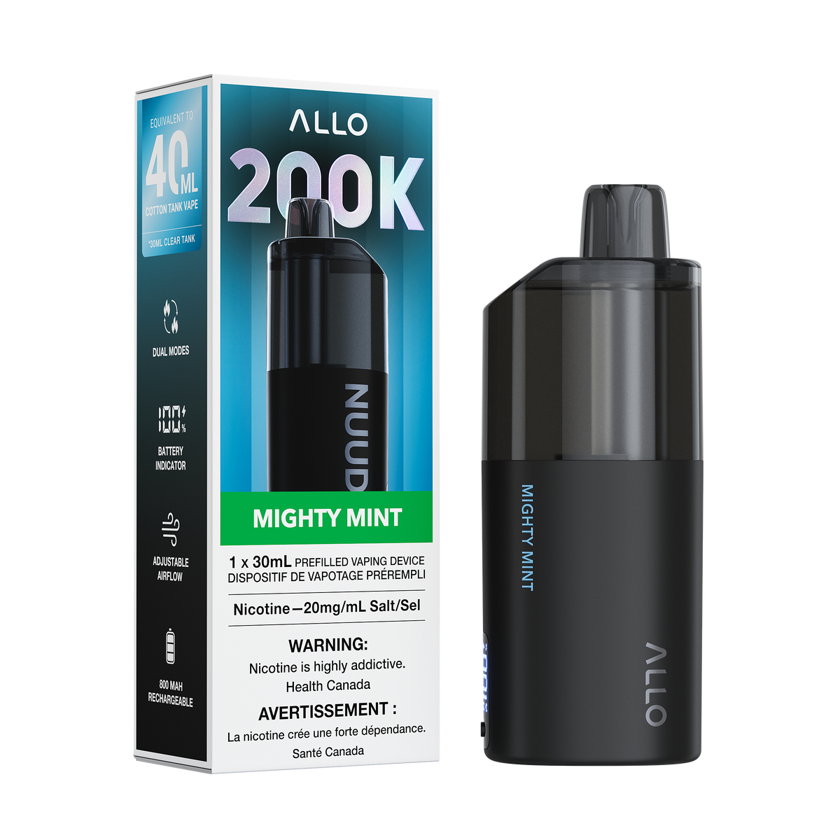 Allo Nuud 200k -  Mighty Mint disposable vape retail box and device