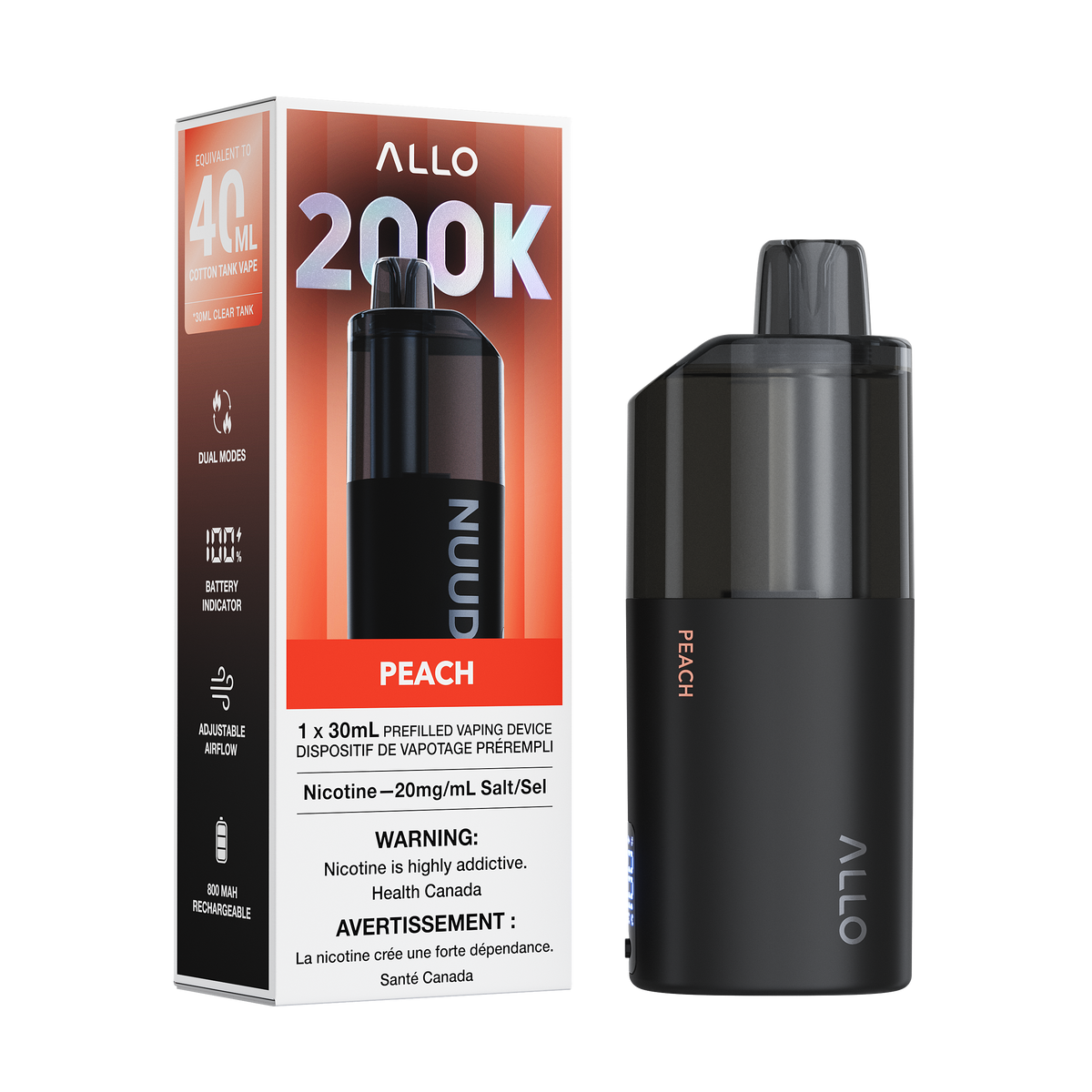 Allo Nuud 200k -  Peach disposable vape retail box and device