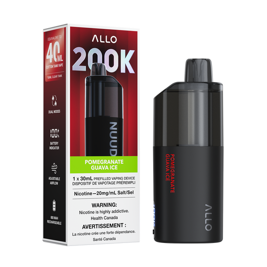 Allo Nuud 200k -  Pomegranate Guava Ice disposable vape retail box and device