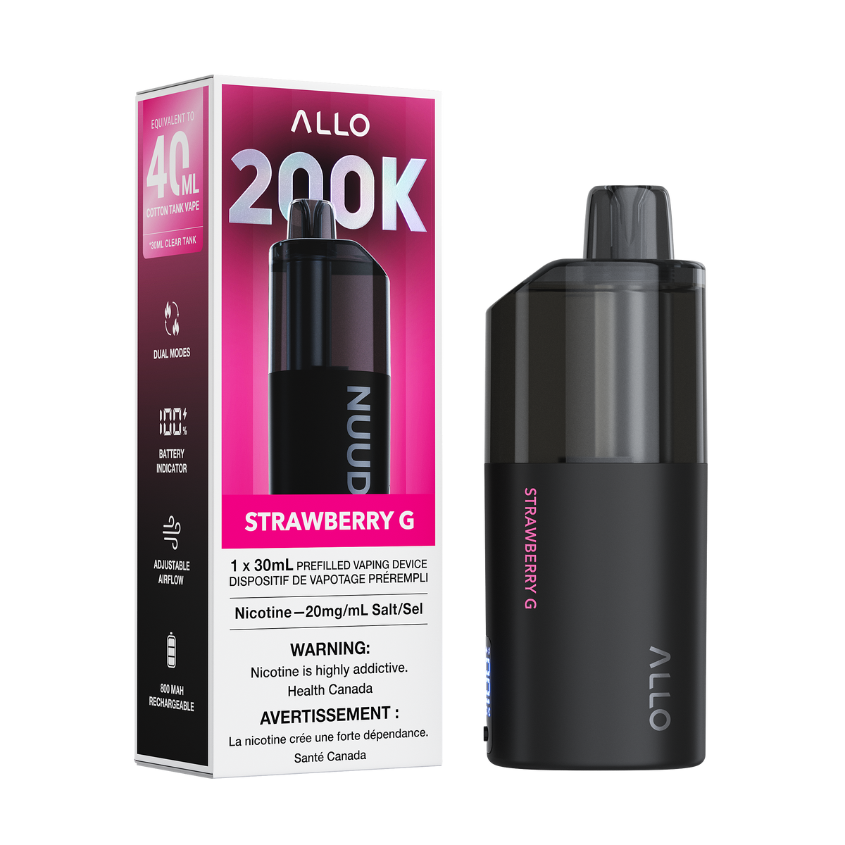Allo Nuud 200k -  Strawberry G disposable vape retail box and device
