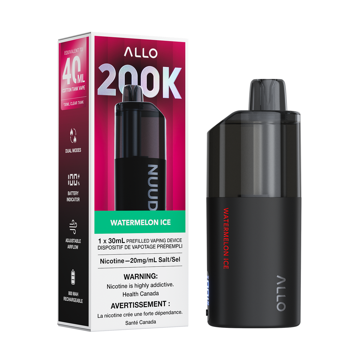 Allo Nuud 200k -  Watermelon Ice disposable vape retail box and device