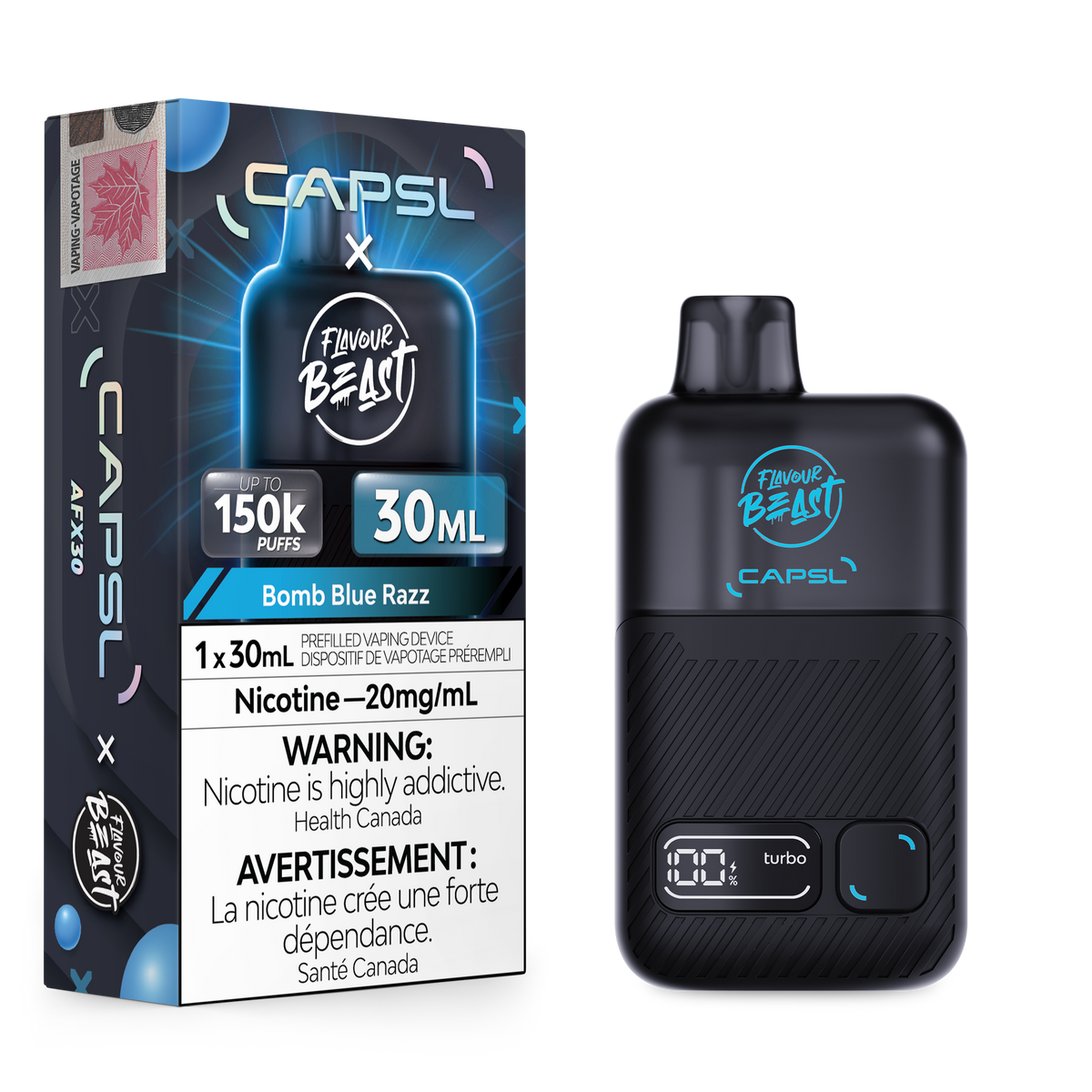 Flavour Beast x CAPSL 150K - Bomb Blue Razz disposable vape retail box and device