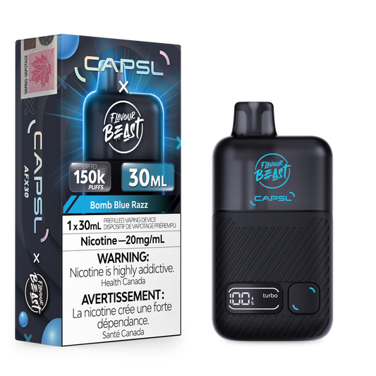 Flavour Beast x CAPSL 150K - Bomb Blue Razz disposable vape retail box and device