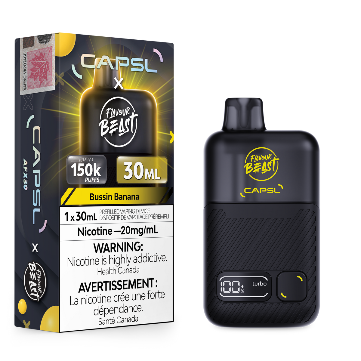 Flavour Beast x CAPSL 150K - Bussin Banana disposable vape retail box and device