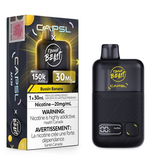 Flavour Beast x CAPSL 150K - Bussin Banana disposable vape retail box and device