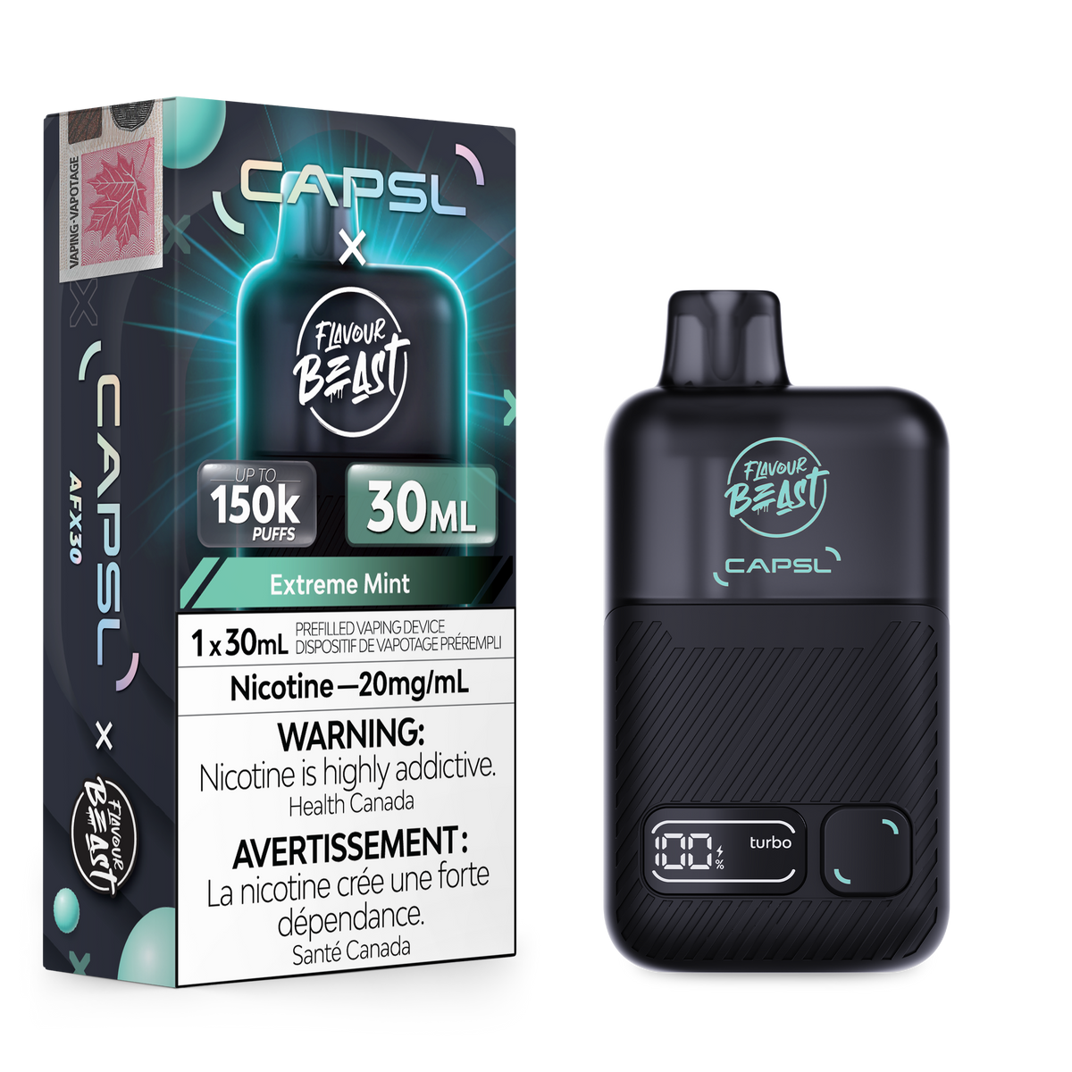Flavour Beast x CAPSL 150K - Extreme Mint disposable vape retail box and device