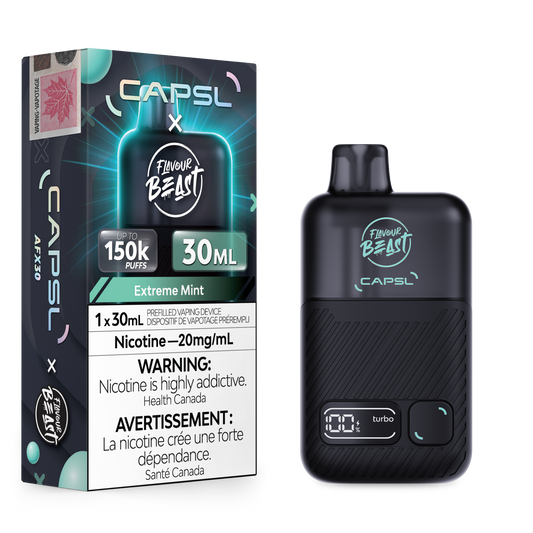 Flavour Beast x CAPSL 150K - Extreme Mint disposable vape retail box and device
