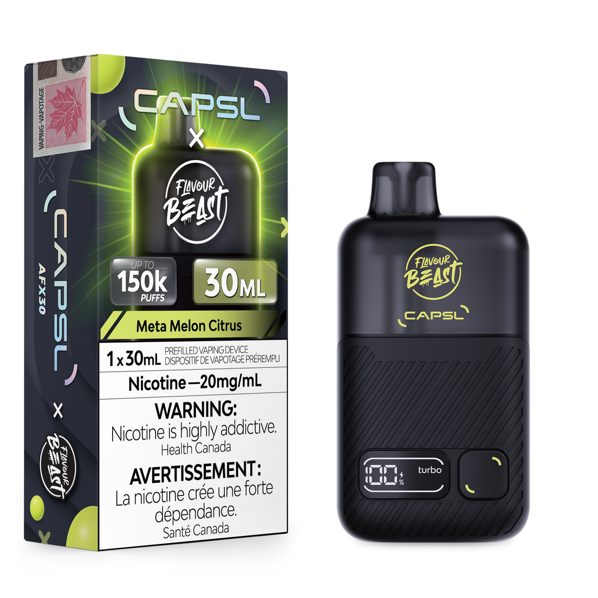 Flavour Beast x CAPSL 150K - Meta Melon Citrus disposable vape retail box and device