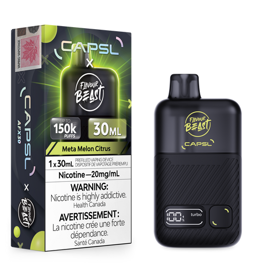 Flavour Beast x CAPSL 150K - Meta Melon Citrus disposable vape retail box and device