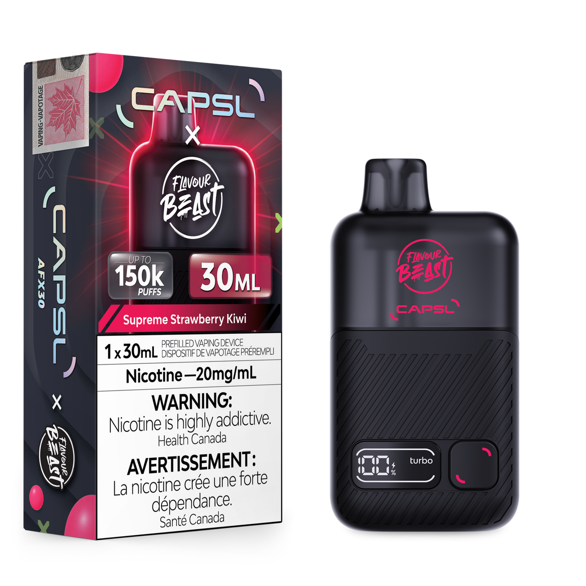 Flavour Beast x CAPSL 150K - Supreme Strawberry Kiwi disposable vape retail box and device