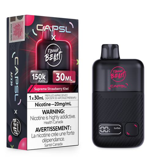 Flavour Beast x CAPSL 150K - Supreme Strawberry Kiwi disposable vape retail box and device
