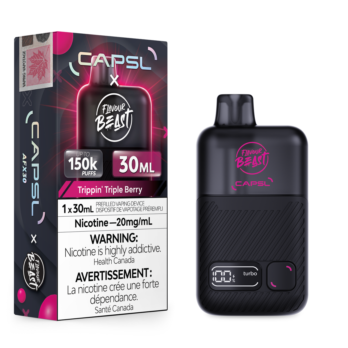 Flavour Beast x CAPSL 150K - Trippin Triple Berry disposable vape retail box and device